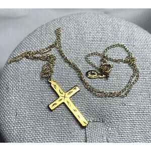 Cross & Necklace 12kt Gold Filled Etched Cross on 16" 1/20 12K GF Chain - Marked
